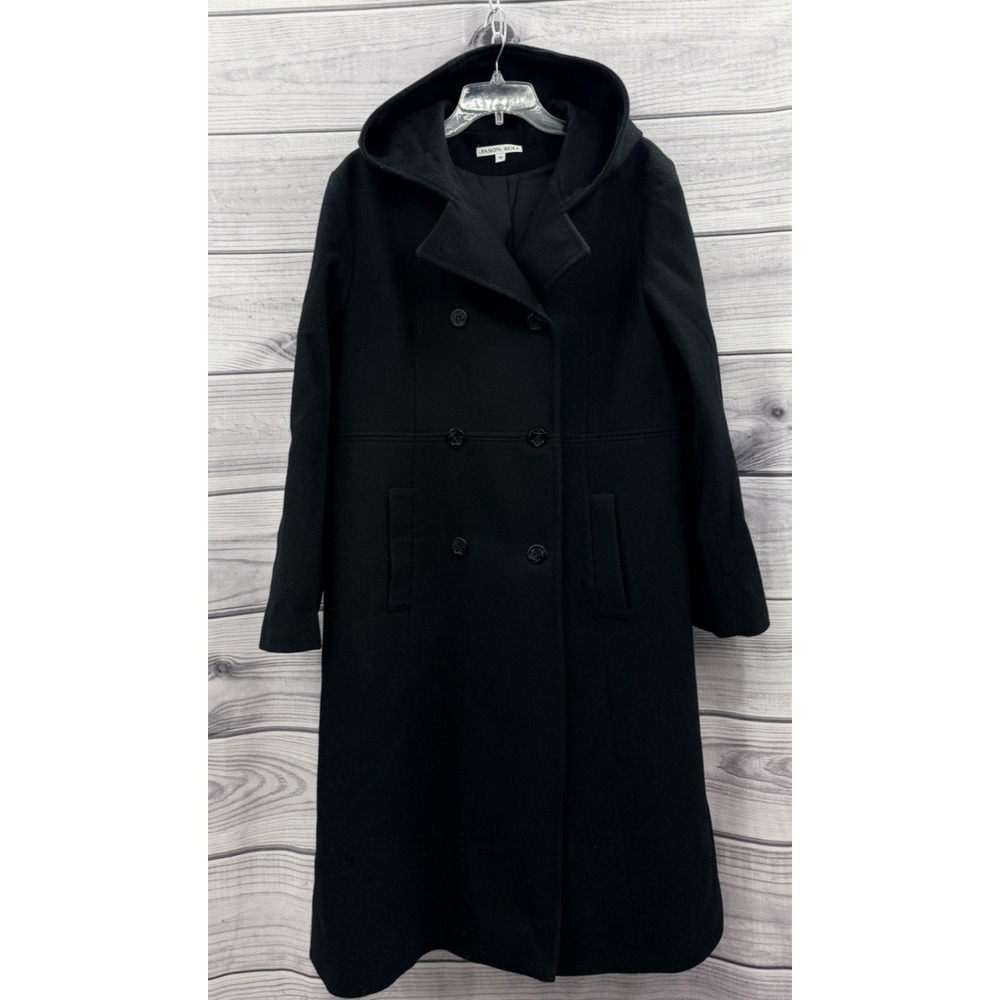 VINTAGE JASON‎ KOLE 100% WOOL BLACK HOODED DRESS COAT - WOMEN'S SIZE 12